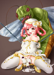 Rule 34 | 1girl, ahegao, antennae, bdsm, bestiality, giving birth, blush, bondage, bound, braid, breasts, bug, chain, covered erect nipples, dress, gradient background, hat, high heels, interspecies, large breasts, larva, monster, napalmbit, nipples, pregnant, pussy, red eyes, red hair, restrained, saliva, slime, spread legs, stomach bulge, tears, thighhighs, tongue, tongue out, uncensored, wings, worm