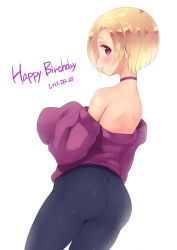 Rule 34 | 10s, 1girl, 2017, ass, bare shoulders, blonde hair, blush, choker, closed mouth, cowboy shot, dated, dimples of venus, ear piercing, hands in opposite sleeves, happy birthday, idolmaster, idolmaster cinderella girls, leggings, long sleeves, looking at viewer, off-shoulder, off-shoulder sweater, off shoulder, panbai, piercing, producer (idolmaster), profile, purple sweater, red eyes, shiny skin, shirasaka koume, short hair, shoulder blades, simple background, skin tight, sleeves past wrists, smile, solo, sweater, tareme, white background