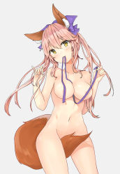 Rule 34 | 10s, 1girl, absurdres, animal ears, between breasts, between legs, breasts, collarbone, convenient censoring, covering privates, covering crotch, cowboy shot, fang, fang out, fate/extra, fate (series), fox ears, fox tail, grey background, groin, hair between eyes, head tilt, highres, large breasts, legs apart, long hair, looking at viewer, mouth hold, navel, nude, pink hair, pinky out, shiny skin, simple background, solo, standing, stomach, tail, tamamo (fate), tamamo no mae (fate/extra), thighs, yellow eyes, zarsy