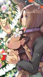 Rule 34 | 1boy, belt, black eyes, blue eyes, brown hair, christmas tree, closed mouth, colored skin, commentary request, creatures (company), dragon quest, dragon quest xi, flower, game freak, gen 2 pokemon, hand tattoo, hero (dq11), highres, holding, holding pokemon, medium hair, nintendo, pichu, pichu kawaii, pokemon, pokemon (creature), streamers, super smash bros., tail, tattoo, white flower, yellow skin