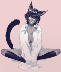 Rule 34 | 1girl, animal ears, breasts, bright pupils, cat ears, cat tail, fangs, final fantasy, final fantasy xiv, heterochromia, highres, indian style, large breasts, looking up, miqo&#039;te, naked shirt, open mouth, pigeon666, pink background, scar, scar on leg, scars all over, shirt, short hair, signature, simple background, sitting, sleeves past fingers, sleeves past wrists, socks, solo, tail, too many, scars all over, warrior of light (ff14), white pupils, wing collar