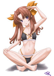 Rule 34 | 1girl, ahoge, artist name, barefoot, bikini, black bikini, brown hair, collarbone, commentary request, flat chest, full body, hair ribbon, head tilt, highres, indian style, kagerou (kancolle), kantai collection, long hair, looking at viewer, navel, purple eyes, ribbon, sitting, smile, solo, swimsuit, t2r, toes, twintails, white background, yellow ribbon