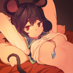 Rule 34 | 1girl, animal ears, arms behind head, bad id, bad pixiv id, breasts, clothes lift, jewelry, long sleeves, looking at viewer, lying, monamin, mouse ears, mouse tail, nazrin, on back, pendant, pillow, red eyes, shirt lift, short hair, small breasts, smile, solo, tail, touhou, underboob, upper body