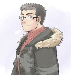 Rule 34 | 1boy, bad id, bad twitter id, black hair, black jacket, closed mouth, fur-trimmed jacket, fur trim, glasses, heart, highres, jacket, jewelry, kamori (kamori0107), long sideburns, looking at viewer, male focus, mole, mole under eye, motoori shiro, necklace, purple background, red sweater, rimless eyewear, short hair, sideburns, smile, solo, sweater, thick eyebrows, tokyo houkago summoners