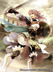 Rule 34 | 1girl, armor, armored boots, black pantyhose, boots, breastplate, cape, cloud, copyright name, fire emblem, fire emblem cipher, fire emblem fates, gloves, greaves, hairband, holding, holding shield, holding sword, holding weapon, long hair, nintendo, official art, open mouth, pantyhose, pink hair, shield, skirt, soleil (fire emblem), solo, sword, wadadot lv, weapon