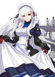 Rule 34 | 1girl, aoiro (t aoiro123), azur lane, belfast (azur lane), belfast (serene steel) (azur lane), blue eyes, braid, breasts, closed mouth, clothes lift, commentary, dress, dress lift, floating hair, french braid, frills, gloves, highres, large breasts, lifting own clothes, long hair, looking at viewer, maid, maid headdress, side braid, sidelocks, silver hair, simple background, smile, solo, standing, very long hair, white background