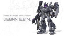 Rule 34 | absurdres, arms at sides, assault visor, beam rifle, character name, chinese commentary, clenched hand, commentary request, energy gun, english text, full body, gun, gundam, gundam build fighters, gundam unicorn, highres, holding, holding gun, holding weapon, jegan ecoas type, mecha, missile pod, mobile suit, no humans, original, radio antenna, redesign, robot, science fiction, shadow, sherman (egnk2525), solo, standing, thrusters, weapon