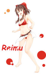 Rule 34 | &gt;:d, 1girl, :d, barefoot, bikini, blush, bow, breasts, brown eyes, brown hair, character name, hair bow, hair ribbon, hair tubes, hakurei reimu, highres, looking at viewer, navel, nise (  nise6  ), open mouth, red bikini, ribbon, romaji text, sarong, sidelocks, small breasts, smile, solo, stomach, swimsuit, tiptoes, toes, touhou, v-shaped eyebrows