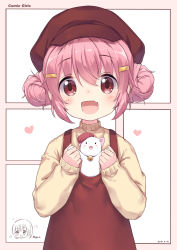 Rule 34 | 10s, 1girl, chibi, chibi inset, chinese commentary, comic girls, commentary request, copyright name, dated, double bun, fang, hair bun, hair ornament, hairclip, highres, holding, long sleeves, looking at viewer, moeta kaoruko, neps-l, open mouth, pink hair, red eyes, solo, x hair ornament