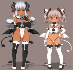 Rule 34 | :o, aqua eyes, bare shoulders, big hair, black footwear, black legwear, black tail, black wings, blunt bangs, blush, breasts, closed mouth, commentary request, covered navel, dark skin, demon girl, demon horns, demon tail, demon wings, detached collar, elbow gloves, full body, gloves, grey background, half-closed eyes, hand on own hip, hand up, high heels, highleg, highleg leotard, horns, leotard, long hair, looking at viewer, low wings, navel, nose blush, open mouth, original, pigeon-toed, pointy ears, red eyes, short eyebrows, short hair, short twintails, sidelocks, simple background, slit pupils, small breasts, smile, standing, tail, tail ornament, thick eyebrows, thighhighs, twintails, white footwear, white gloves, white legwear, white tail, wings