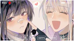 Rule 34 | ..., 2girls, bai yi (path to nowhere), bandaid, bandaid on face, black choker, black hair, blush, chaoji shuihouzi, chinese commentary, choker, closed eyes, commentary, earrings, embarrassed, finger to cheek, heart, highres, jewelry, k.k. (path to nowhere), laughing, looking at viewer, looking back, multiple girls, open mouth, parted lips, path to nowhere, pointing, recording, red eyes, spoken ellipsis, spoken heart, stud earrings, user interface, white hair
