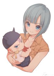 Rule 34 | 1boy, 1girl, baby, baby carry, bad id, bad twitter id, black headwear, blue eyes, bulma, carrying, closed mouth, collarbone, collared shirt, cropped torso, dragon ball, dragonball z, from above, green hair, hat, highres, looking at viewer, looking back, mother and son, orange shirt, parted bangs, pink hair, ribbon, ryota (ry o ta), shirt, short hair, signature, simple background, sleeveless, sleeveless shirt, smile, trunks (dragon ball), upper body, v-shaped eyebrows, white background, white shirt, yellow ribbon