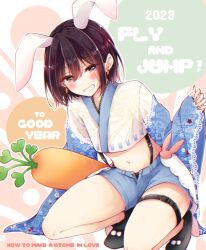 Rule 34 | 1boy, animal ears, banjou azusa, black footwear, blue shorts, blush, brown hair, carrot, carrot earrings, chinese zodiac, cropped shirt, earrings, english text, extra ears, food-themed earrings, food themed earrings, full body, grin, jewelry, koisuru (otome) no tsukurikata, long sleeves, looking at viewer, male focus, midriff, mihate hiura, navel, rabbit boy, rabbit ears, shoes, short hair, shorts, smile, squatting, thigh strap, thighs, trap, year of the rabbit
