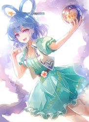 Rule 34 | 1girl, 60mai, bare legs, belt, blue eyes, blue hair, commentary request, dress, duplicate, dutch angle, fetus, flower, hair ornament, hair rings, hair stick, kaku seiga, looking at viewer, puffy short sleeves, puffy sleeves, shawl, short dress, short sleeves, smile, solo, touhou, vest
