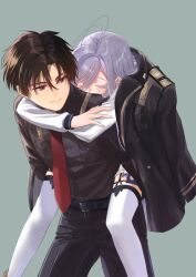 Rule 34 | 1boy, 1girl, 86 -eightysix-, antenna hair, arms around neck, belt, black belt, black hair, black jacket, black pants, black shirt, breast pocket, carrying, carrying person, closed mouth, colored eyelashes, commentary, couple, garter straps, grey hair, hair between eyes, highres, jacket, jacket on shoulders, long hair, miki62961031, military, military jacket, military uniform, necktie, pants, piggyback, pocket, red necktie, shinei nouzen, shirt, short hair, simple background, sleeping, smile, thighhighs, uniform, vladilena millize, white thighhighs