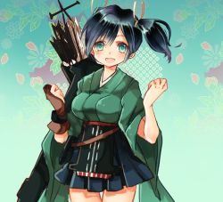 Rule 34 | 1girl, arrow (projectile), blue hair, breasts, flight deck, gloves, gradient background, green background, green hakama, green kimono, hair between eyes, hair ribbon, hakama, hakama short skirt, hakama skirt, japanese clothes, kantai collection, kimono, large breasts, long sleeves, muneate, open mouth, partially fingerless gloves, partly fingerless gloves, piko (domokonchi), pleated skirt, quiver, ribbon, skirt, smile, souryuu (kancolle), twintails, upper body, wide sleeves, yugake