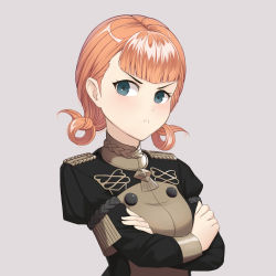 Rule 34 | 1girl, absurdres, angry, annette fantine dominic, blue eyes, blush, crossed arms, dakkalot, epaulettes, fire emblem, fire emblem: three houses, grey background, highres, nintendo, orange hair, solo, twintails, uniform, upper body