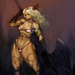 Rule 34 | 1girl, abs, amazon (dragon&#039;s crown), armor, axe, bad id, bad pixiv id, bikini, bikini armor, black gloves, blonde hair, blue eyes, breasts, cleavage, dragon&#039;s crown, feathers, female focus, gloves, green eyes, halberd, headband, hip focus, long hair, muscular, muscular female, navel, nbo, panties, polearm, solo, swimsuit, tattoo, thick thighs, thighs, thong, underwear, vanillaware, weapon, wide hips