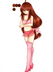 Rule 34 | 1girl, blush, bow, bow panties, bra, braid, breasts, brown eyes, brown hair, choker, cleavage, color guide, crossed arms, french braid, full body, hair ribbon, high heels, long hair, looking at viewer, midriff, navel, panties, pink bra, pink footwear, pink panties, pink skirt, pink thighhighs, ribbon, see-through, see-through skirt, shoes, simple background, skirt, small breasts, solo, standing, steffydoodles, thighhighs, underwear, white background
