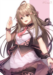 Rule 34 | 1girl, ahoge, amanuki-san, black thighhighs, bracelet, braid, breasts, brown eyes, brown hair, commentary request, crown braid, dot nose, female focus, fingernails, hair ornament, hand up, holding, huge ahoge, indie virtual youtuber, jewelry, kusunoki shio, kusunoki shio (channel), legs together, long hair, looking at viewer, mahjong, mahjong tile, necktie, open mouth, pink necktie, pointy ears, short sleeves, simple background, skindentation, small breasts, smile, solo, standing, thighhighs, tie clip, twitter username, virtual youtuber, wing collar, wrist cuffs