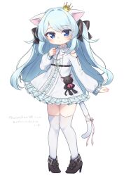 Rule 34 | 1girl, :o, animal ears, black bow, blue eyes, blue hair, bow, cat ears, cat girl, cat tail, clothing cutout, commentary request, commission, crown, dress, hair bow, hand up, highres, kokone (coconeeeco), long hair, long sleeves, looking at viewer, mini crown, original, parted lips, puffy long sleeves, puffy sleeves, ribbon, shoulder cutout, signature, simple background, skeb commission, solo, stuffed animal, stuffed cat, stuffed toy, tachi-e, tail, tail ornament, tail ribbon, thighhighs, white background, white thighhighs, zettai ryouiki