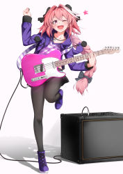 Rule 34 | 1boy, ;d, amplifier, arm up, astolfo (fate), astolfo (memories at trifas) (fate), black bow, black pantyhose, black ribbon, black skirt, blush, boots, bow, braid, breast pocket, cable, collarbone, commentary, electric guitar, fang, fate/apocrypha, fate (series), fender telecaster, floating hair, full body, glint, guitar, hair between eyes, hair bow, hair intakes, hair ribbon, head tilt, highres, holding, holding instrument, hood, hood down, hoodie, instrument, jewelry, leg up, long hair, long sleeves, looking at viewer, male focus, miniskirt, multicolored hair, music, necklace, official alternate costume, one eye closed, open clothes, open hoodie, open mouth, pantyhose, pink eyes, pink hair, playing instrument, pleated skirt, plectrum, pocket, pom pom (clothes), purple footwear, purple hoodie, purple shirt, ribbon, shadow, shirt, sidelocks, simple background, single braid, skirt, smile, solo, standing, standing on one leg, star (symbol), streaked hair, striped clothes, striped shirt, takatun223, trap, very long hair, white background, white hair
