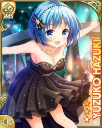 Rule 34 | 1girl, arms outward, bare arms, bare shoulders, black dress, black headwear, blue eyes, blue hair, breasts, card (medium), character name, cleavage, dress, girlfriend (kari), hazuki yuzuko, indoors, jewelry, mansion, necklace, night, official art, open mouth, qp:flapper, shoes, short hair, smile, solo, standing, tagme, tiara