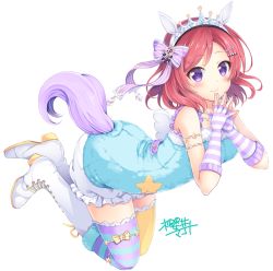 Rule 34 | 10s, 1girl, animal ears, asymmetrical legwear, boots, bow, fingerless gloves, full body, gloves, jewelry, looking at viewer, love live!, love live! school idol festival, love live! school idol project, mismatched legwear, necklace, nishikino maki, purple eyes, red hair, sakurai makoto (custom size), short hair, simple background, smile, solo, striped clothes, striped gloves, striped thighhighs, tail, thighhighs, tiara, white background
