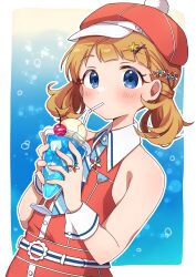 Rule 34 | 1girl, absurdres, belt, blue background, blue eyes, blue necktie, blush, brown hair, bubble background, buttons, cherry, commentary, dress, drink, drinking, drinking straw, food, fruit, hair ornament, hairclip, hat, highres, holding, holding drink, ice cream, ice cream float, idolmaster, idolmaster million live!, idolmaster million live! theater days, jelly pop beans, kahiika, looking at viewer, low twintails, necktie, official alternate hairstyle, red dress, red hat, short hair, sleeveless, sleeveless dress, solo, star (symbol), star hair ornament, suou momoko, twintails, upper body, wing collar, wrist cuffs