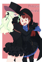 Rule 34 | 2girls, alternate costume, ange (princess principal), ange (princess principal) (cosplay), black dress, black gloves, black headwear, blue bow, blue bowtie, blue eyes, bow, bowtie, braid, brown hair, cosplay, covered mouth, dress, frilled dress, frills, gloves, green hair, hair ribbon, hat, highres, holding hands, light green hair, little witch academia, long hair, looking at viewer, looking back, mochirou (giri choco inverse), multicolored hair, multiple girls, open mouth, princess (princess principal), princess (princess principal) (cosplay), princess principal, red eyes, ribbon, top hat, two-tone hair