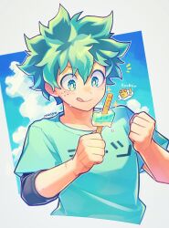 Rule 34 | 1boy, artist name, blue shirt, blue sky, boku no hero academia, clenched hands, cloud, food, freckles, green eyes, green hair, highres, mecyo (mamezurushiki), midoriya izuku, popsicle, scar, shirt, simple background, sky, sleeves rolled up, solo, sunlight, sweat, tongue, tongue out, white background