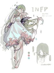 16personalities 1girl absurdres aqua_eyes arm_up armpits butterfly_wings chinese_text dress flower-trimmed_dress full_body green_hair highres insect_wings long_hair looking_to_the_side mediator_(16personalities) myers-briggs_type_indicator open_mouth original pointy_ears qiekkk simple_background sleeveless sleeveless_dress solo standing standing_on_one_leg thorns translation_request very_long_hair vine_on_leg white_background white_dress wings