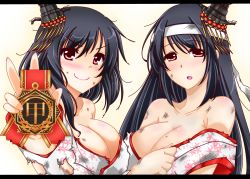 Rule 34 | 10s, 2girls, beige background, black hair, blush, breasts, cleavage, collarbone, detached sleeves, dirty, dirty clothes, dirty face, doyagao, floral print, fusou (kancolle), gradient background, hair ornament, headband, holding, kantai collection, kuon (nokokopopo), large breasts, letterboxed, long hair, looking at viewer, medal, messy hair, multiple girls, nontraditional miko, off shoulder, open mouth, red eyes, short hair, smile, smug, torn clothes, upper body, yamashiro (kancolle)