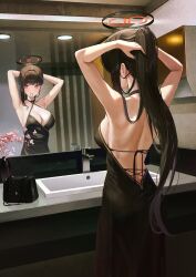 Rule 34 | 1girl, absurdres, adjusting hair, alternate costume, alternate hairstyle, armpits, arms behind head, bag, bare back, black choker, black dress, black hair, blue archive, blunt bangs, breasts, choker, cleavage, commentary request, criss-cross halter, dress, faucet, flower, from behind, hallo (rltkdydrltk), halo, halterneck, handbag, highres, indoors, large breasts, long hair, looking at mirror, looking at viewer, mirror, mirror image, mouth hold, ponytail, red eyes, rio (blue archive), shoulder blades, sidelocks, sink, solo, wall lamp