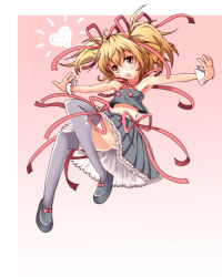 Rule 34 | 1girl, adapted costume, bare shoulders, black legwear, blonde hair, hair ribbon, nekotama shun, open mouth, outstretched arms, red eyes, ribbon, rumia, solo, strapless, touhou, tube top, twintails