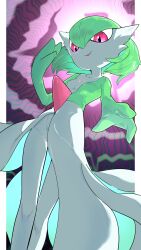 Rule 34 | 1girl, absurdres, backlighting, bob cut, breasts, collarbone, colored skin, cowboy shot, creatures (company), female focus, game freak, gardevoir, gen 3 pokemon, green hair, green skin, groin, hair between eyes, hand up, happy, highres, legs, legs together, looking down, multicolored skin, nintendo, no panties, open mouth, outside border, pillarboxed, pink eyes, pokemon, pokemon (creature), purple background, shiny skin, short hair, small breasts, smile, solo, standing, thigh gap, thighs, tobi (kite221212), two-tone skin, white skin