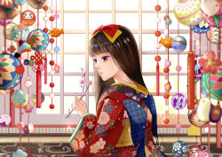 Rule 34 | 1girl, antweiyi, backlighting, bad id, bad pixiv id, ball, black hair, blunt bangs, blurry, bow, branch, commentary, daruma doll, day, depth of field, floral print, from side, hair bow, hinamatsuri, holding, holding branch, indoors, japanese clothes, kimono, long hair, original, red bow, red kimono, solo, tagme, temari ball, unmoving pattern, upper body, window