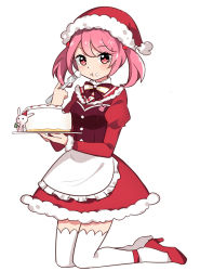 Rule 34 | 10s, 1girl, apron, blush, bow, bowtie, cake, eating, food, food on face, fork, full body, hair bobbles, hair ornament, hat, high heels, kantai collection, kneeling, pink eyes, pink hair, rabbit, santa costume, santa hat, sazanami (kancolle), sharlorc, short twintails, solo, thighhighs, twintails, white background, white thighhighs