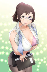 Rule 34 | 1girl, bra, breasts, brown eyes, brown hair, cleavage, downblouse, glasses, holon, large breasts, lingerie, pantyhose, pencil skirt, pointer, real drive, skirt, sleeves rolled up, smile, solo, teacher, ueyama michirou, underwear