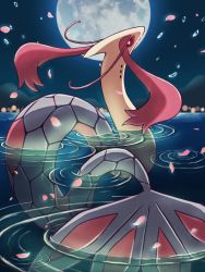 Rule 34 | absurdres, black eyes, bright pupils, colored sclera, commentary request, creatures (company), game freak, gen 3 pokemon, highres, lake, looking back, luna mokamoka, milotic, moon, night, nintendo, no humans, outdoors, petals, pokemon, pokemon (creature), red sclera, ripples, sky, solo, water