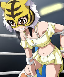 Rule 34 | 10s, bare shoulders, bioroid hei, black hair, boots, brown eyes, commentary request, elbow pads, mask, midriff, solo, spring tiger, sweat, takaoka haruna, tiger mask (series), tiger mask w, wrestling outfit, wrestling ring