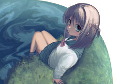 1girl blouse bow bowtie brown_hair closed_mouth commentary expressionless from_above grass green_eyes green_sailor_collar green_skirt hair_between_eyes hair_ribbon highres long_sleeves looking_at_viewer nemu_(zutto_oyasu3) one_side_up original outdoors partially_submerged plaid_clothes plaid_skirt pleated_skirt red_bow red_bowtie red_ribbon ribbon sailor_collar school_uniform serafuku shirt short_hair skirt solo straight_hair water white_shirt