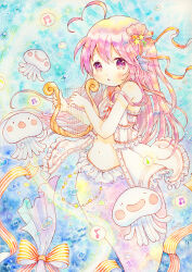 Rule 34 | 1girl, :o, ahoge, air bubble, beamed sixteenth notes, bubble, eighth note, emo (mikan), fins, hair ribbon, head fins, holding, holding instrument, instrument, jellyfish, long hair, looking at viewer, mermaid, monster girl, musical note, navel, original, painting (medium), pink hair, purple eyes, ribbon, shell hair ornament, solo, traditional media, underwater, watercolor (medium)