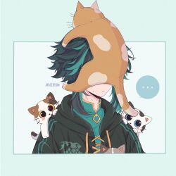 Rule 34 | ..., 1boy, animal, animal on head, animal on shoulder, aqua hair, aqua shirt, artist name, ayacchirin, black hoodie, border, cat, cat on head, cat on shoulder, closed mouth, commentary, cross-laced clothes, drawstring, english commentary, genshin impact, green border, green hair, highres, hood, hood down, hoodie, light frown, male focus, multicolored hair, on head, shirt, short hair, sidelocks, simple background, solo, speech bubble, spoken ellipsis, streaked hair, sweat, upper body, white background, xiao (genshin impact)