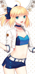 Rule 34 | 1girl, :d, ahoge, artoria pendragon (all), artoria pendragon (fate), belt, belt buckle, blonde hair, blue bow, blue neckwear, blue shorts, bow, breasts, buckle, choker, collarbone, cowboy shot, cropped jacket, emblem, fate/stay night, fate (series), green eyes, hair bow, jacket, karinzero, long sleeves, looking at viewer, navel, official alternate costume, official alternate hairstyle, open clothes, open jacket, open mouth, polka dot, polka dot background, round teeth, saber (fate), short hair, short ponytail, short shorts, shorts, sleeves past elbows, small breasts, smile, solo, standing, stomach, strapless, teeth, tube top, white jacket