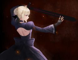 Rule 34 | 1girl, artoria pendragon (all), artoria pendragon (fate), backless outfit, black bow, black dress, black ribbon, blonde hair, bow, choker, dress, embers, excalibur morgan (fate), fate/stay night, fate (series), fingerless gloves, from behind, gloves, hair bun, hair ribbon, highres, holding, holding sword, holding weapon, juliet sleeves, long sleeves, looking at viewer, profile, puffy sleeves, ribbon, saber alter, short hair, single hair bun, solo, sword, weapon, yellow eyes, zyl