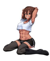 Rule 34 | 1girl, abs, absurdres, arms up, bandaid, bandaid on face, bandaid on nose, black footwear, black shorts, black thighhighs, blue eyes, boots, borrowed character, brown hair, commission, crop top, crop top overhang, cross-laced footwear, dark-skinned female, dark skin, dolphin shorts, female focus, grin, highres, medium hair, meltyrice, muscular, muscular female, navel, original, second-party source, shorts, simple background, sitting, smile, solo, tan, thighhighs, toned, wariza, white background, zettai ryouiki