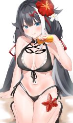 Rule 34 | 1girl, :q, azur lane, bad id, bad pixiv id, bare arms, bare shoulders, beer can, bikini, black bikini, black hair, black nails, blue eyes, breasts, can, deutschland (azur lane), deutschland (service time?!) (azur lane), drink can, flower, front-tie bikini top, front-tie top, hair flower, hair ornament, halterneck, highres, holding, large breasts, long hair, looking at viewer, multicolored hair, nail polish, navel, pinky out, pouring, pouring onto self, red flower, red hair, shoes, side-tie bikini bottom, smile, solo, starfish, streaked hair, swimsuit, thighs, tongue, tongue out, very long hair, white flower, white hair, yuuko (030 yuko)