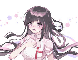 Rule 34 | 1girl, :d, apron, bandages, black hair, blush, breasts, collared shirt, commentary request, danganronpa (series), danganronpa 2: goodbye despair, hand up, highres, large breasts, long hair, looking at viewer, messy hair, mole, mole under eye, open mouth, pink shirt, shirt, short sleeves, smile, solo, striped, tears, teeth, tsumiki mikan, upper body, upper teeth only, white background, yomu (dangan yomu)