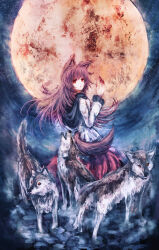 Rule 34 | 1girl, absurdres, animal ears, brown hair, commentary request, dress, fingernails, full body, full moon, highres, imaizumi kagerou, long fingernails, long hair, long sleeves, looking at viewer, looking back, moon, open mouth, red eyes, red nails, standing, tonan (l0l0l0l0l0l), touhou, wolf, wolf ears